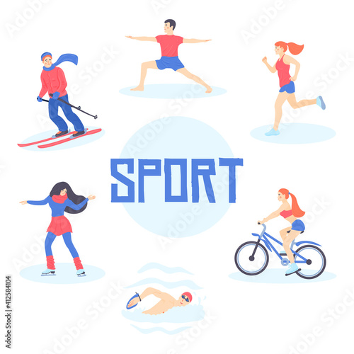 Collection of men and women performing various sports activities