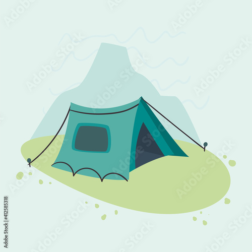 Camping tent in front of mountain vector design