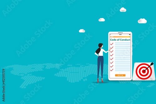 Business concept of code of conduct, businesswoman is standing near a big smartphone that the display contain list of code of conduct to read and understand each topic in green color background.