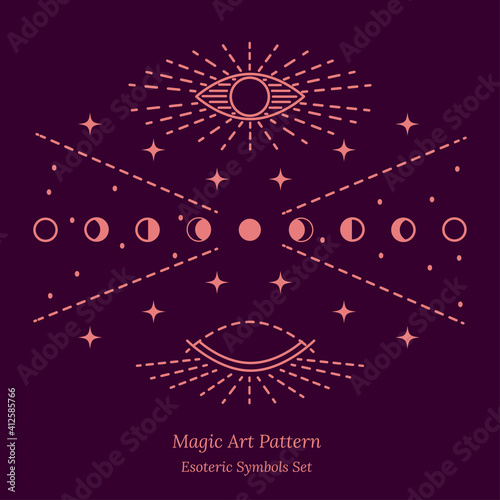 Esoteric symbol of opening of third eye of soul, phase of moon. Illustration of  magic session, look into future, connection with universe. Vector design drawing for Tarot cards, groups, web pages.