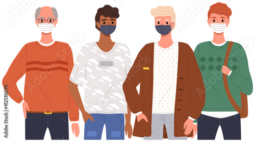 Male characters are wearing medical masks. Men stand side by side and pose, vector illustration isolated on white background. Coronavirus during time of pandemic. People protect their face with masks