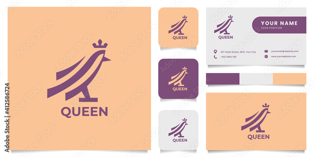 Simple and minimalist bird wears a crown logo, with business card, icon, and color palette