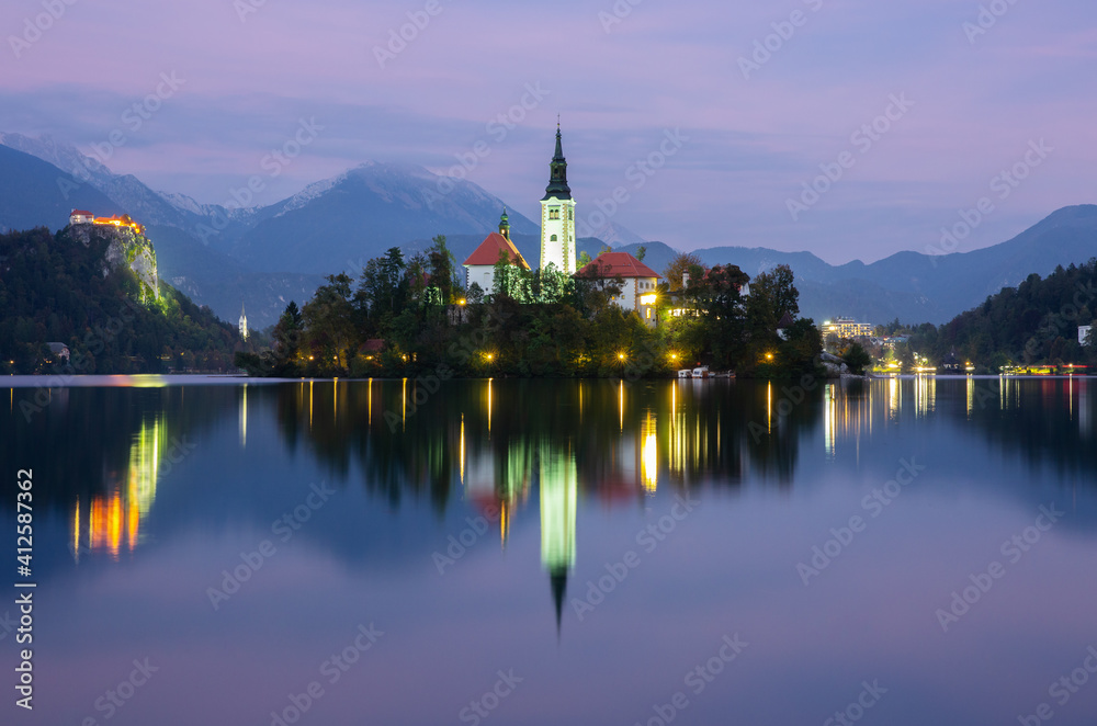 Bled Lake, island with Pilgrimage Church, Slovenia.