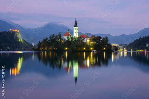 Bled Lake, island with Pilgrimage Church, Slovenia.