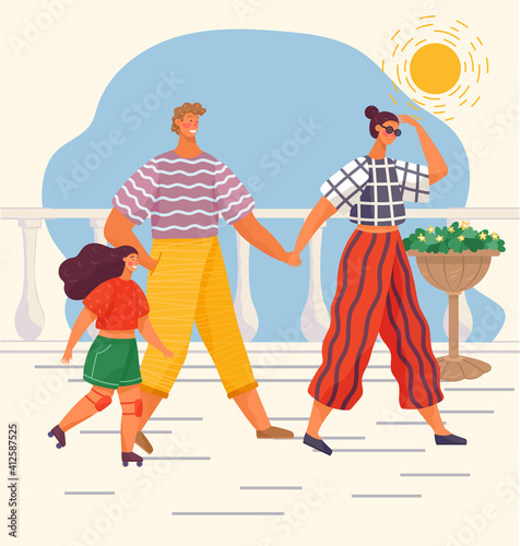 Happy family is walking in the park during the torrid summer. Mom and dad are walking holding hands while their daughter is rollerblading next to them. Family vacation under the scorching sun