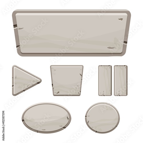 Stone buttons collection, set of rock assets in cartoon style isolated on white background. Mineral detailed objects ui game interface, app pannel.