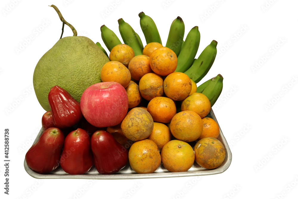 Fruits and offerings to ancestors of Chinese people on the White Background