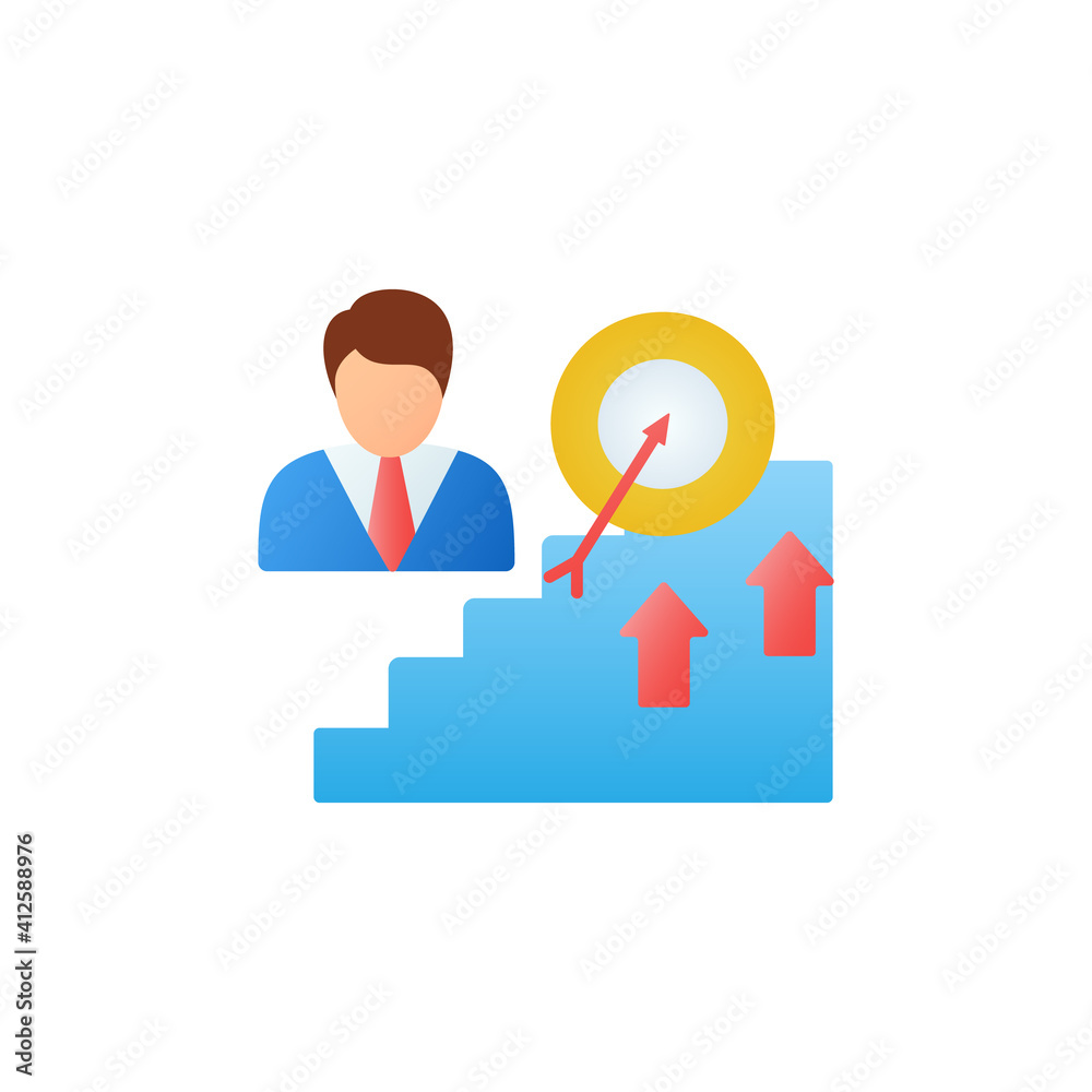 Achieving growth flat icon. Personal growth concept. Achieving goals. Certification training. Growth plan. 3D color vector illustration