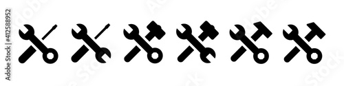 Set of repair and service icons, tool icons. Silhouettes wrench, screwdriver,sledgehammer and a hammer. Repair,construction. Tools vector isolated on a white background.