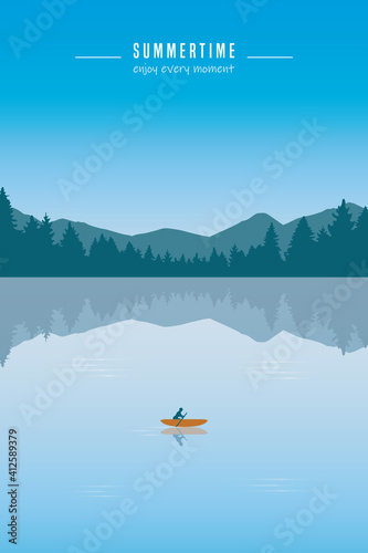 canoeing adventure with a red boat on the lake summertime vector illustration EPS10