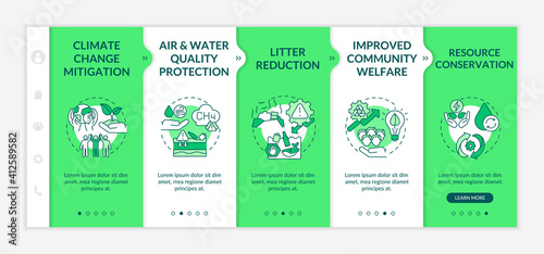 Biodegradable waste reduction benefits onboarding vector template. Air, water quality. Resources conservation. Responsive mobile website with icons. Webpage walkthrough step screens. RGB color concept