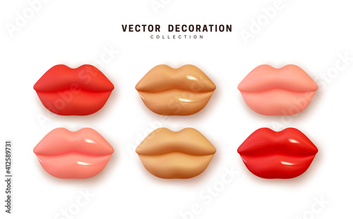 Lips realistic 3d render of red and pink and cinnamon shades. Women's shapes lip, glossy and matte. Isolated set on white background. Decoration objects for design. Vector illustration