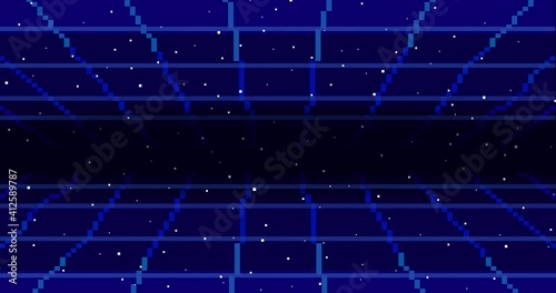 Animation of pixel art 80s Retro sci-Fi background. Pixel art 8bit Vector video game Retro wave