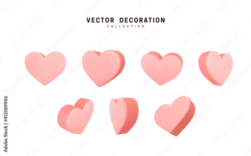 Set of hearts. Collection Realistic Hearts Love symbol icon. Pink soft color. Decorative 3d render object. Celebration decor. Element for romantic design. Vector illustration