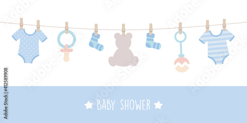 baby shower welcome greeting card for childbirth with hanging utensils vector illustration EPS10