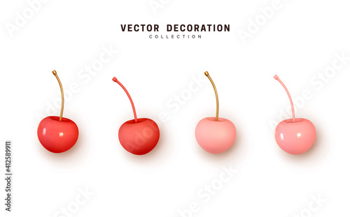 Realistic 3d cherry berry. Cherry red and pink, matte and glossy shade. Set of berries isolated on white background. Vector illustration