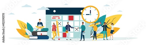 Planning for the week. human characters make up an online timetable on a tablet. design of business task schedules. Business concept. The calendar. Vector.