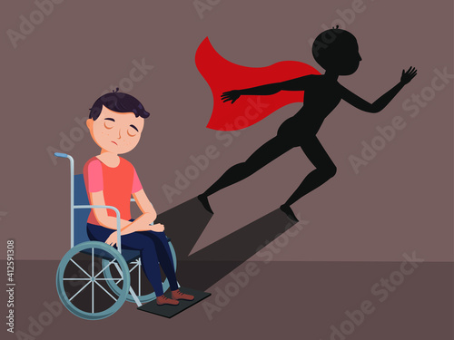 Disabled boy with shadow of running boy. Child in wheelchair dreams of walking. Help for people with disabilities.