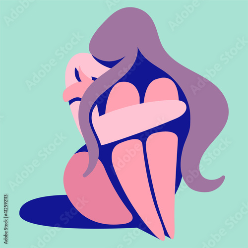 vector illustration on the theme of mental health. very sad girl needs psychological support. girl is sitting on the floor, clasping her knees with her hands. loss of strength, self-doubt, depression