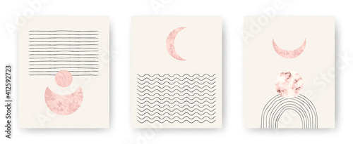 Vector set with trendy set of printable cards with boho mid century stone and marble textured shapes of moon, planets and lines. Abstract contemporary aesthetic backgrounds with geometric elements