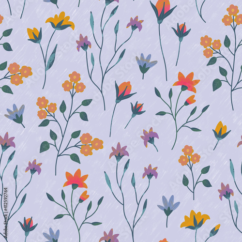 Seamless pattern with hand drawn flowers on a light blue background. Illustration for wallpapers, stationery or fabric.