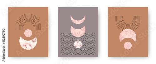 Vector set with trendy set of printable cards with boho mid century stone and marble textured shapes of moon, planets and lines. Abstract contemporary aesthetic backgrounds with geometric elements