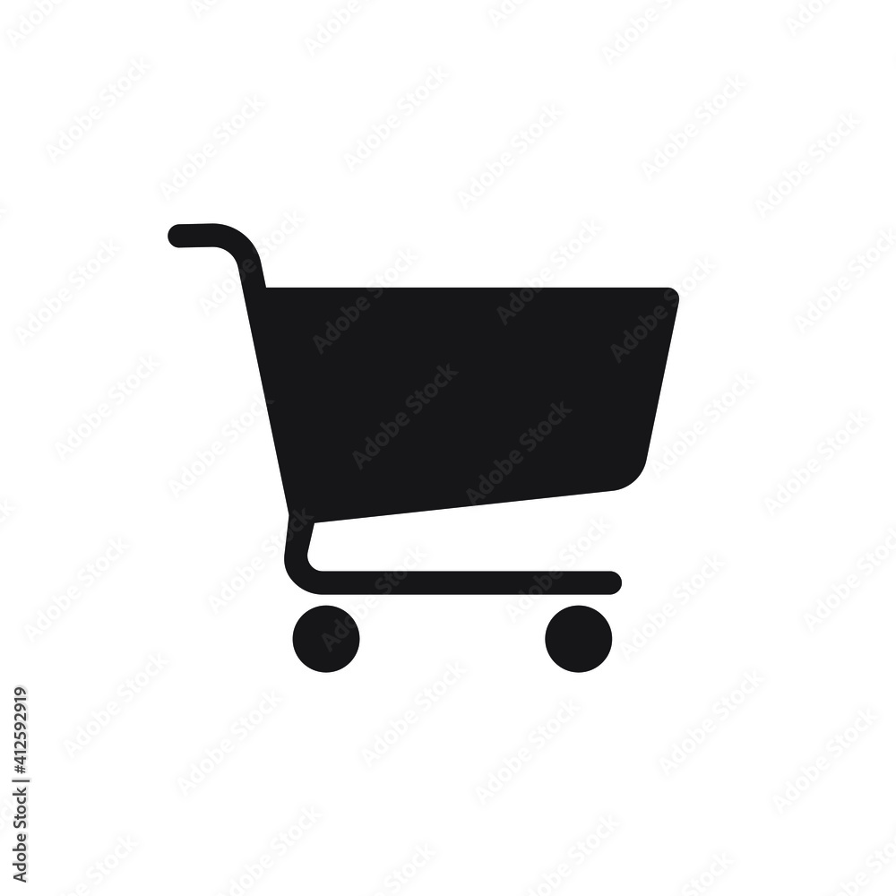 Shopping cart icon symbol. Flat shape trolley web store button. Online shop logo sign. Vector illustration image. Black silhouette isolated on white background. Shopping cart icon symbol. Flat shape trolley web store button. Online shop logo sign. Vector illustration image. Black silhouette isolated on white background.