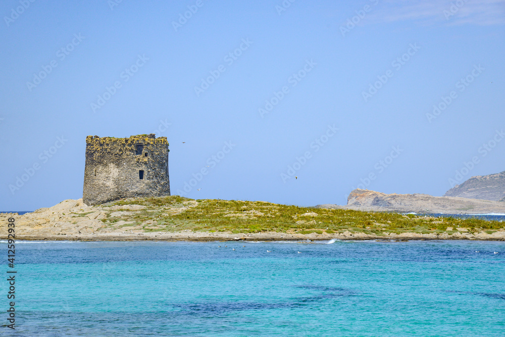Spectacular landscape view in Stintino, Torre della Pelosa  - Sardegna in a sunny day with blue sky and and turquoise water,  Summer Season. Italian holiday.
