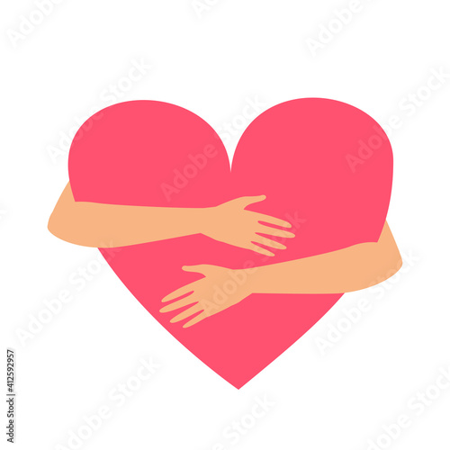 Vector illustration of hands hugging heart isolated on a white background.  Symbol or concept of love, charity, love yourself, Valentine's day, volunteer, donation, family, support. Flat style