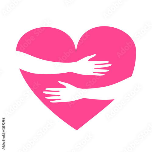 Vector illustration of hands hugging heart isolated on a white background.  Symbol or concept of love, charity, love yourself, Valentine's day, volunteer, donation, family, support. Flat style