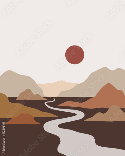 Vector abstract contemporary aesthetic background landscape with mountains, roads, sunrise, sunset. Boho wall print decor in flat style. Mid century modern minimalist art and design