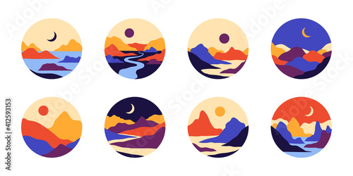 Vector abstract contemporary aesthetic set of round icons or stickers of landscapes with mountains, roads, sunrise, sunset. Boho wall print decor in flat style. Mid century modern minimalist art