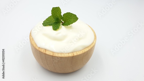 dessert with cream and mint