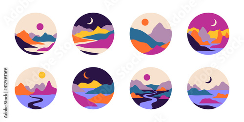 Vector abstract contemporary aesthetic set of round icons or stickers of landscapes with mountains, roads, sunrise, sunset. Boho wall print decor in flat style. Mid century modern minimalist art