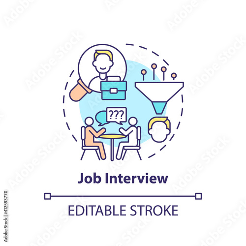 Job interview concept icon. Worker adaptation stages. Hiring employees idea thin line illustration. Work tasks. Recruitment of workers. Vector isolated outline RGB color drawing. Editable stroke