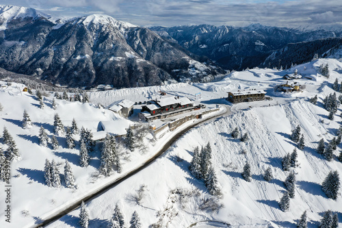 road Crocedomini Pass, Road Bagolino - Collio.
View by Drone in Winter Season after snow storm. photo