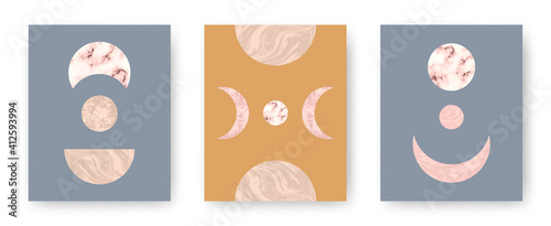Vector set with trendy set of printable cards with boho mid century stone and marble textured shapes of moon, planets. Abstract contemporary aesthetic backgrounds with geometric elements