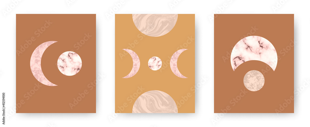 Vector set with trendy set of printable cards with boho mid century stone and marble textured shapes of moon, planets. Abstract contemporary aesthetic backgrounds with geometric elements