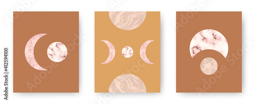 Vector set with trendy set of printable cards with boho mid century stone and marble textured shapes of moon, planets. Abstract contemporary aesthetic backgrounds with geometric elements