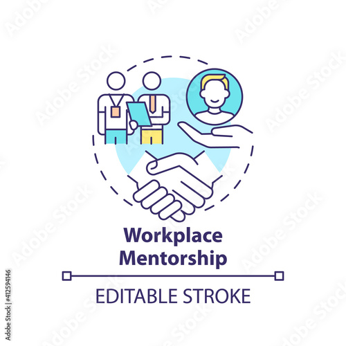 Workplace mentorship concept icon. Worker adaptation stages. Knowledge exchange idea thin line illustration. Training partnership of workers. Vector isolated outline RGB color drawing. Editable stroke
