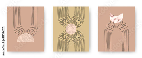Vector set with trendy set of printable cards with boho mid century stone and marble textured shapes of moon, planets and lines. Abstract contemporary aesthetic backgrounds with geometric elements
