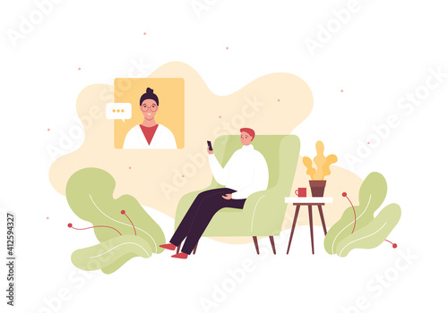 Medical technology and health care video call concept. Vector flat illustration. Male patient call to female doctor and sitting on chair on home background. Videocall insurance consultation.