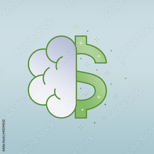 Human left brain with shining dollar sign on the right as a gimmick of aptitude for business. Vector illustration outline flat design style.