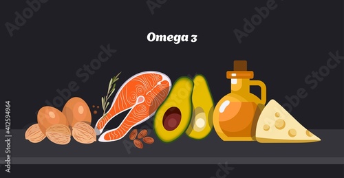 Omega 3 products banner. Healthy diet. Vector illustration. 