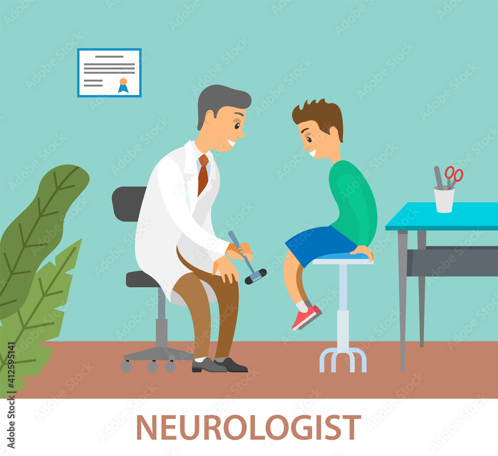 Neurologist examining boy for diagnosis in hospital room. Doctor doing a physical examination of the patient. Male medic with neurological hammer checks the reflexes of the child sitting on the chair