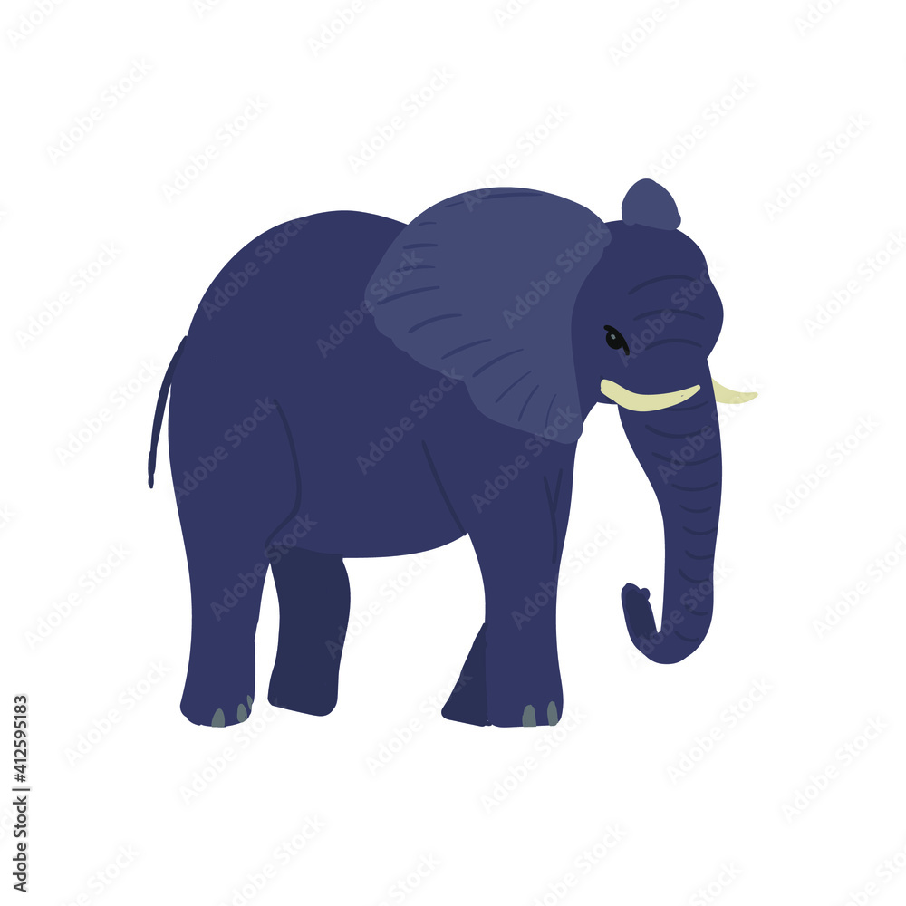 Vector illustration of a big elephant. Dark gray elephant with tusks isolated on white background