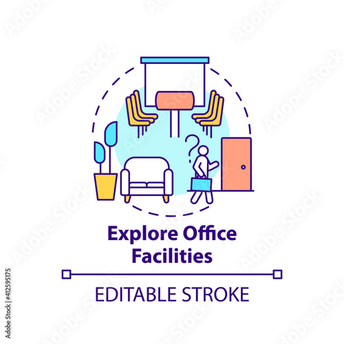 Explore office facilities concept icon. Newbie adaptation tip. Business perspective idea thin line illustration. Meeting room and break area. Vector isolated outline RGB color drawing. Editable stroke