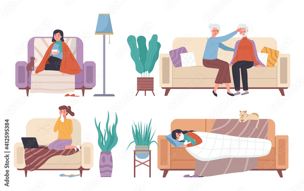 Set of illustrations on theme of spending time on self-isolation during illness. Wife puts her hand to husband s forehead to measure his temperature. Characters having cold and lying in bed