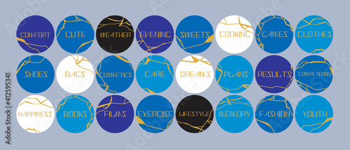 Highlight covers Kintsugi icons isolated, flat vector stock illustration with Icons with text as template for trendy blog social media