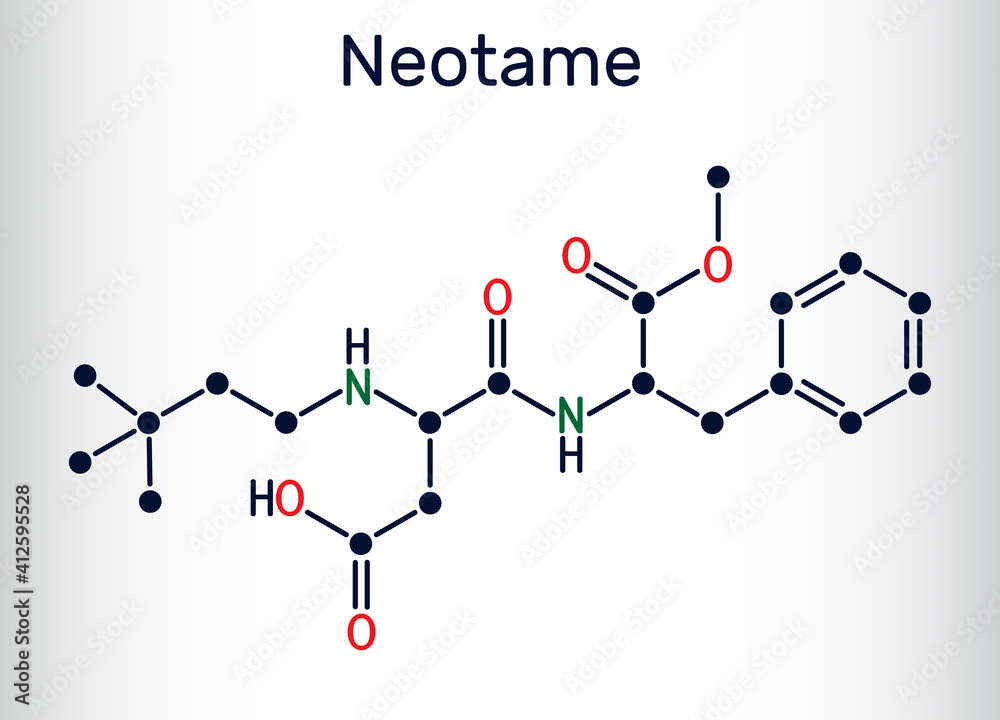 Neotame, sweetening agent, E961 molecule. It is dipeptide, artificial sweetener, aspartame analog. Skeletal chemical formula. Vector illustration Neotame, sweetening agent, E961 molecule. It is dipeptide, artificial sweetener, aspartame analog. Skeletal chemical formula. Vector illustration